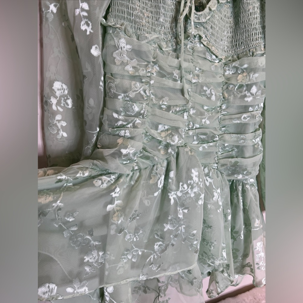 For Love & Lemons Breanne Ruched Tiered Sheer Long Puff Sleeve Mini Dress L - Picture 7 of 9